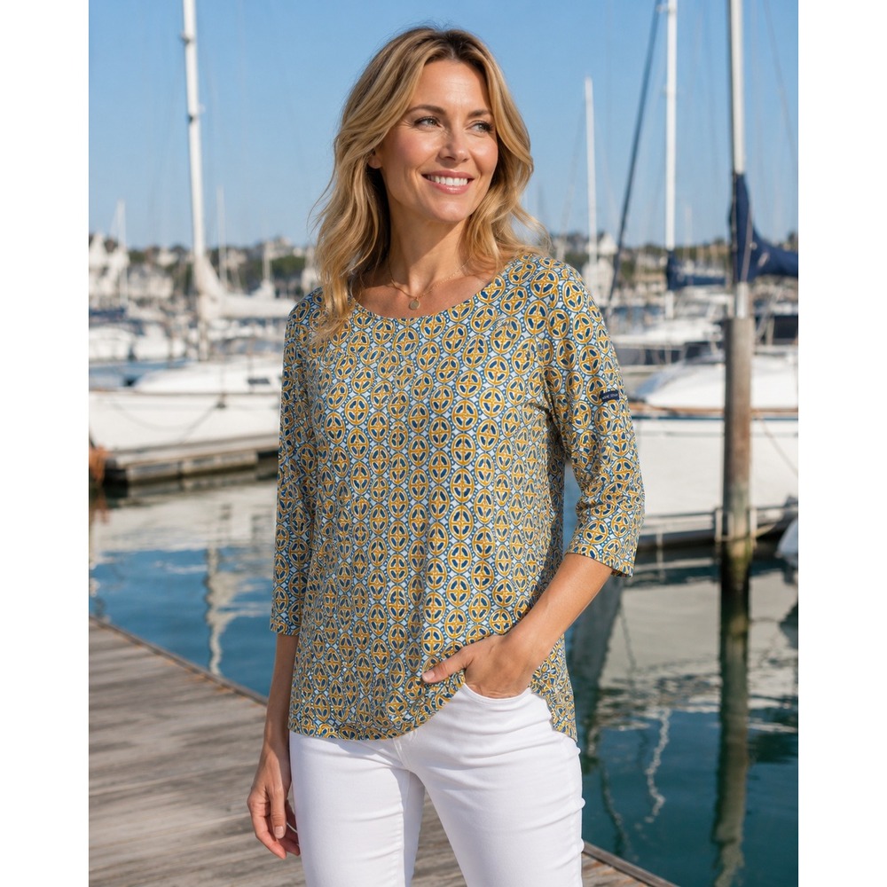 Saint‎ James France Geometric Medallion Print 3/4 Sleeve Top Yellow Blue USA 12